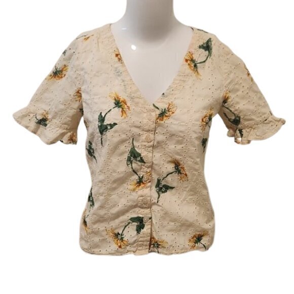 [Madewell] Floral Short Sleeve V-neck Button Down Blouse - Size XS - Picture 1 of 7